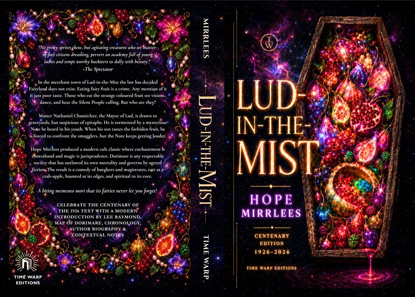 Lud-in-the-Mist centenary edition: a coffin filled with luminous fairy fruit against a dark violet sky